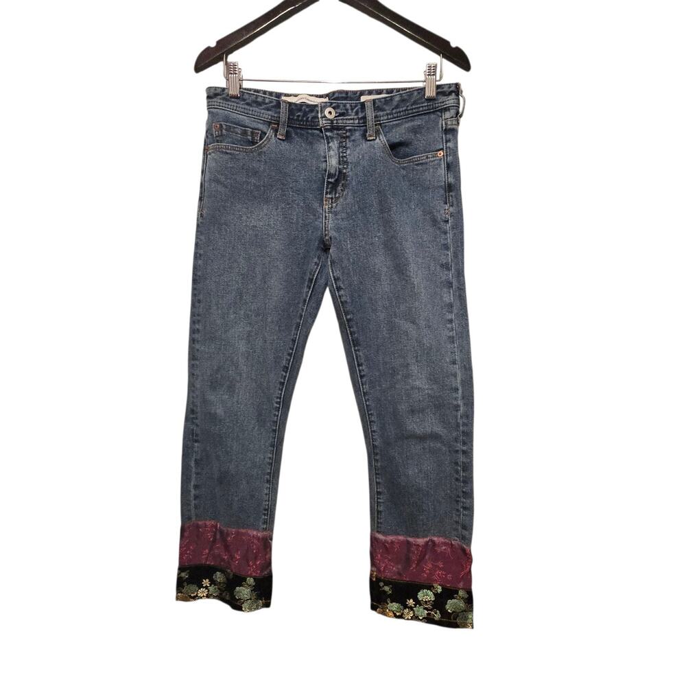Pilcro Slim Boyfriend Crop Jeans Womens Sz 27 Patchwork Hem Boho Artsy Mix Media
